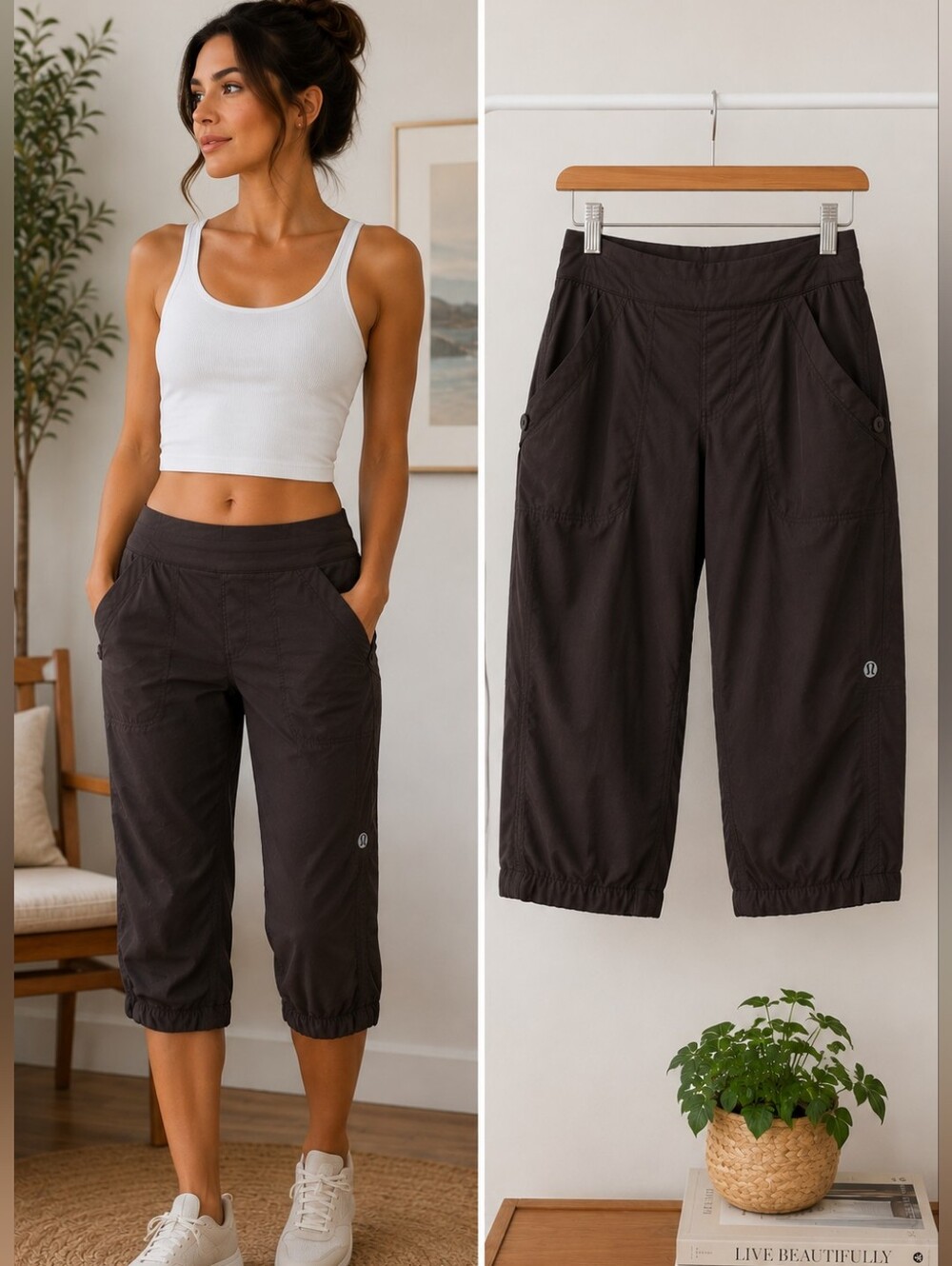 Lululemon Dark Brownish Gray Mid-Rise Cropped Jogger Pants • Zip Pocket • Logo